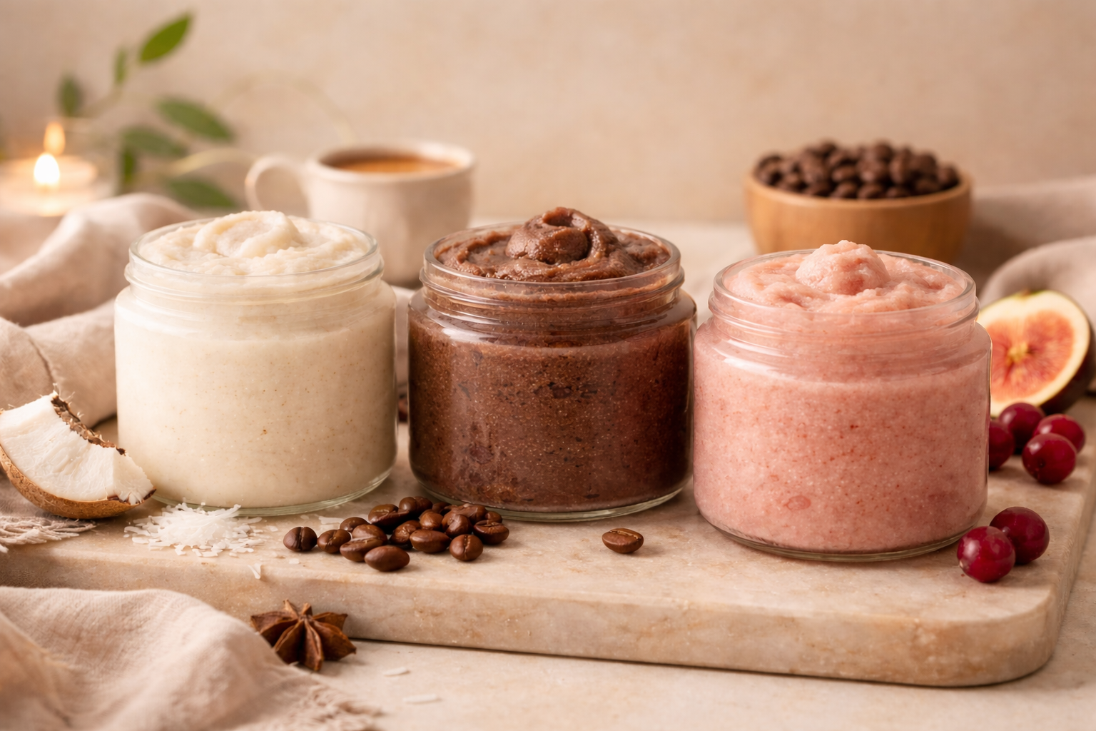 Three open glass jars of sugar scrubs in white, brown, and pale pink tones arranged on a stone tray, surrounded by coffee beans, coconut pieces, and fruit.