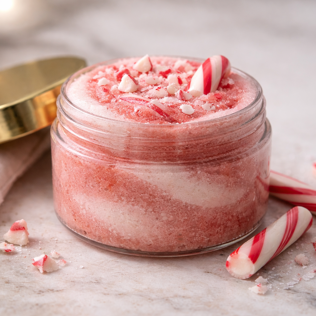 Open glass jar of Candy Cane sugar scrub with a red and white swirl, topped with small candy cane pieces, placed on a light stone surface with a gold lid nearby.