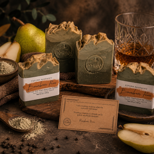 Three bars of ESPUMA Apothecary Bourbon Pear Olive Oil Handmade Soap with kaolin clay and blue agave, displayed on a rustic wooden board with fresh pears, a crystal whiskey glass, kaolin clay powder, and a bilingual affirmation card on a dark moody surface.