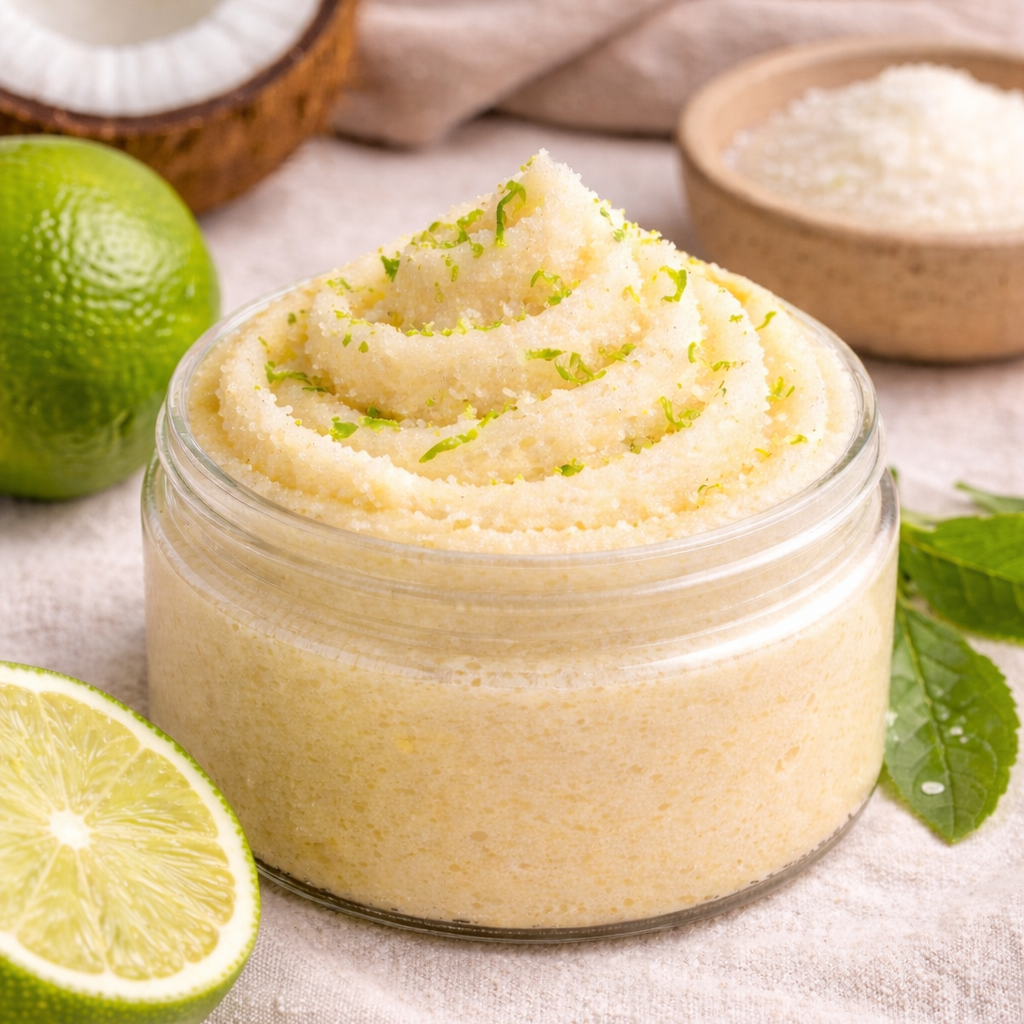 Open glass jar of Coconut and Lime sugar scrub with a soft yellow, fine sugar texture, topped with lime zest and placed on a neutral surface with fresh lime and coconut nearby.