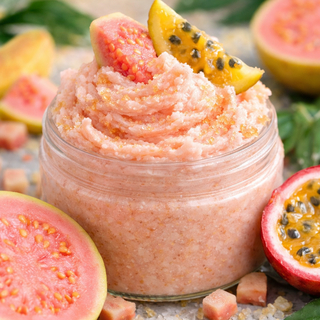 Open glass jar of Guava Passion sugar scrub with a soft pink, whipped texture, surrounded by sliced guava and passion fruit on a light surface.