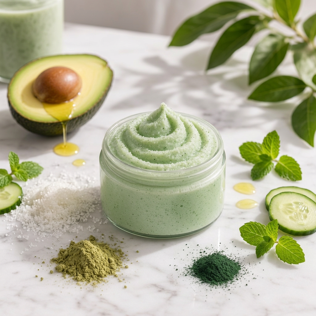 Open glass jar of ESPUMA Apothecary Mint Cucumber Sugar Scrub with light green scrub swirled on top, surrounded by fresh mint leaves, cucumber slices, a halved avocado, sea salt crystals, and green powder on a white marble surface