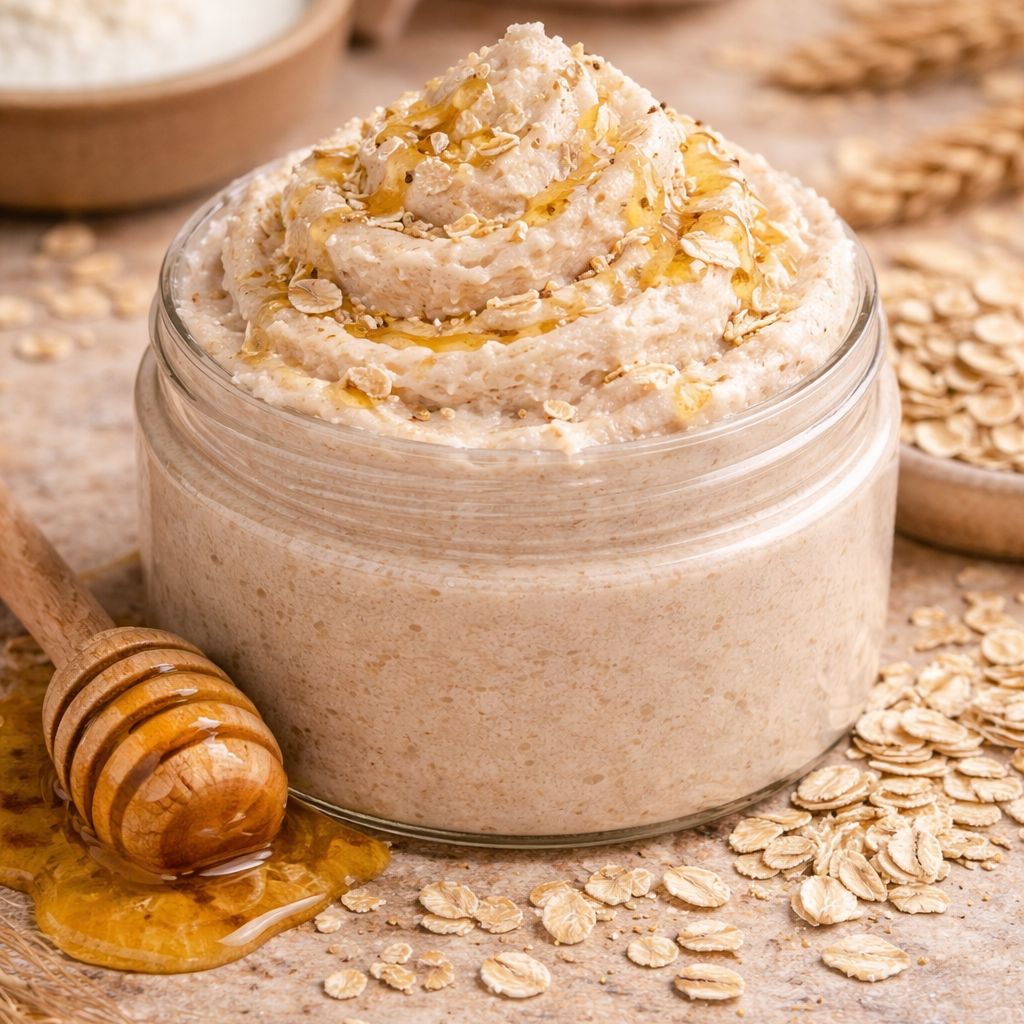 Open glass jar of Oatmilk and Honey sugar scrub with a whipped beige texture, drizzled with honey and surrounded by oats, a honey dipper, and a bowl of milk powder on a neutral surface.