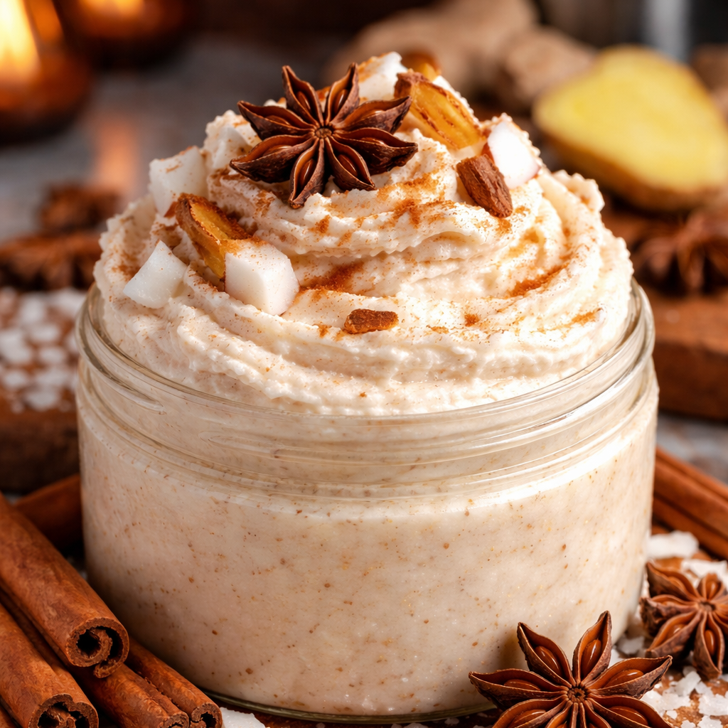 Body sugar scrub inspired by Puerto Rican tembleque, in a glass jar.