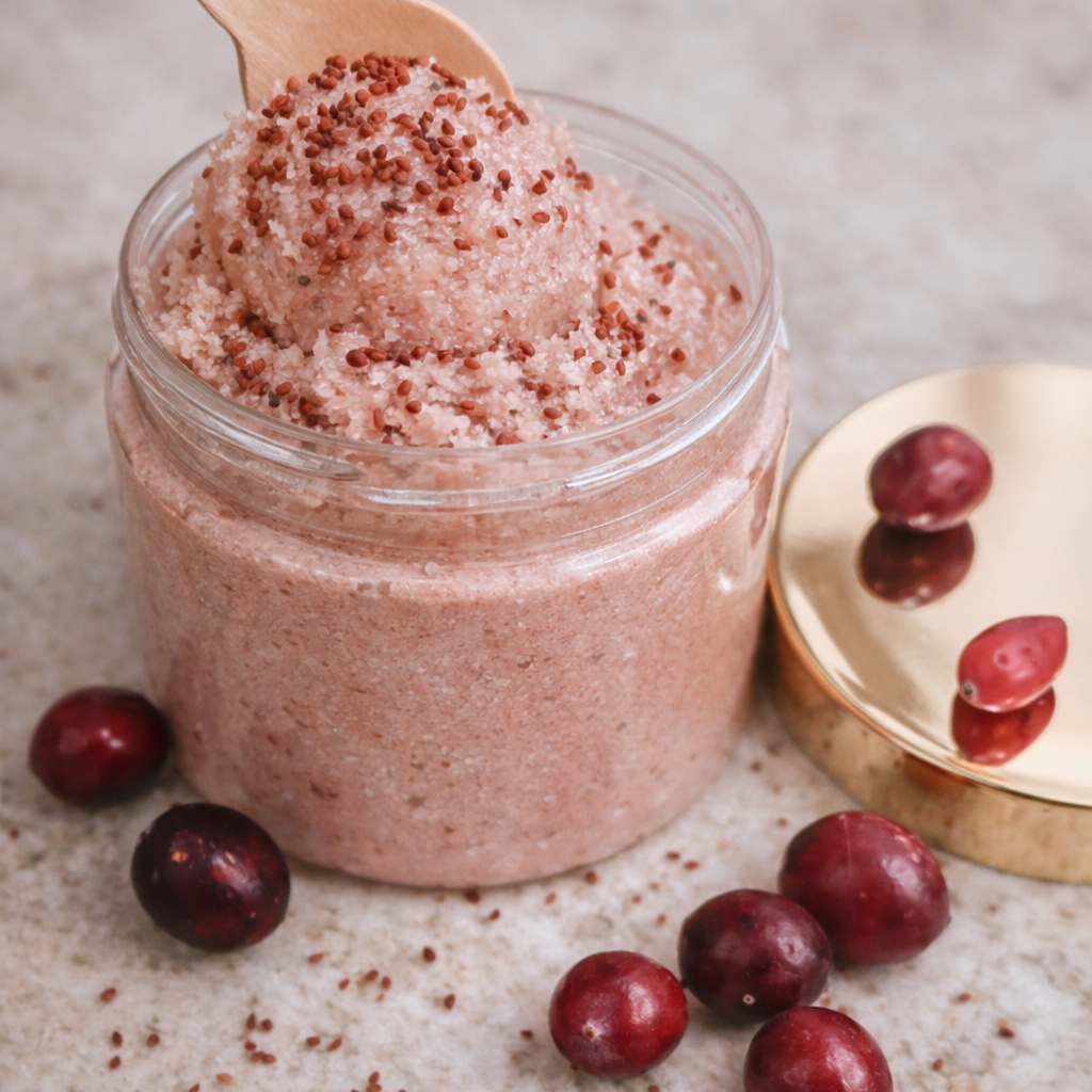Jar of cranberry scrub with a wooden spoon, surrounded by cranberries on a neutral background